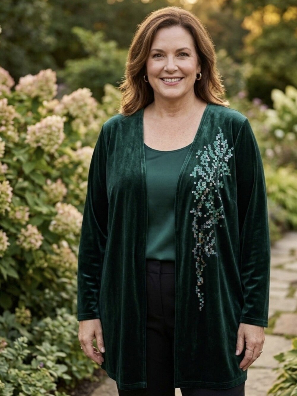 Bob Mackie Wearable Art Velvet Sequin Cardigan Forest Green Open Front - Size 2X